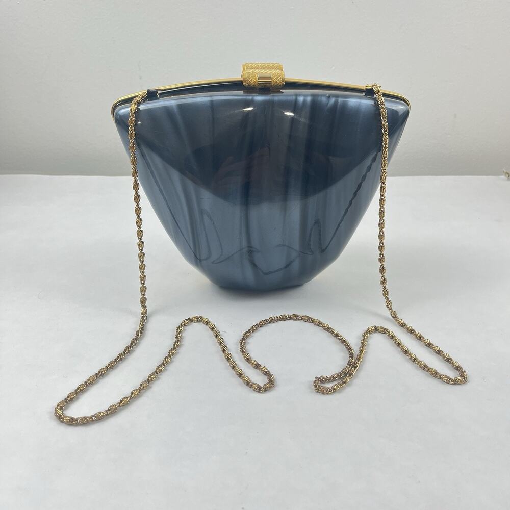 Gray Marbled Lucite Style Box Clutch Gold Chain Evening Bag Geometric Purse